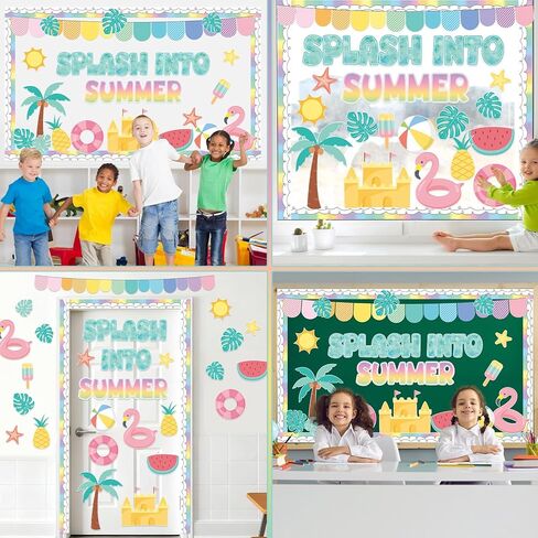 Summer Bulletin Board Decorations Set Splash into Summer Classroom Decor May June Hawaiian Tropical Flamingo Palm Leaf Paper Cutouts with Border for Back to School Office Wall Door Teacher Supplies in Saudi Arabia