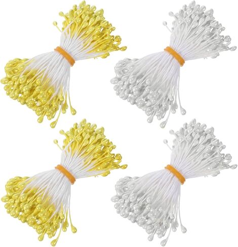 Skrfren 600 Pcs Flower Stamens 3mm Pearl Double Heads Stamen Artificial Floral Stamens for Flower Making DIY Crafts Wedding Bouquet Decoration Scrapbook Card (White Yellow) in Kuwait