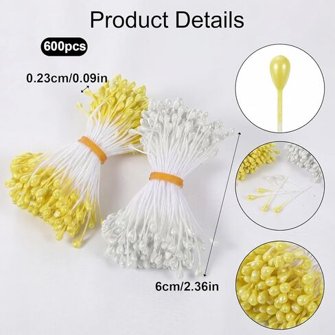 Skrfren 600 Pcs Flower Stamens 3mm Pearl Double Heads Stamen Artificial Floral Stamens for Flower Making DIY Crafts Wedding Bouquet Decoration Scrapbook Card (White Yellow) in Kuwait