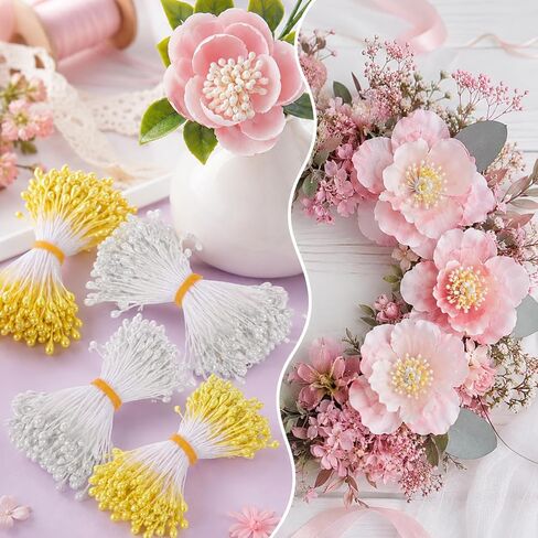 Skrfren 600 Pcs Flower Stamens 3mm Pearl Double Heads Stamen Artificial Floral Stamens for Flower Making DIY Crafts Wedding Bouquet Decoration Scrapbook Card (White Yellow) in Kuwait