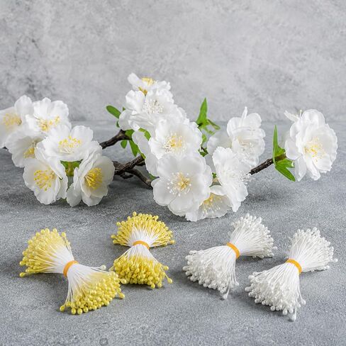 Skrfren 600 Pcs Flower Stamens 3mm Pearl Double Heads Stamen Artificial Floral Stamens for Flower Making DIY Crafts Wedding Bouquet Decoration Scrapbook Card (White Yellow) in Kuwait