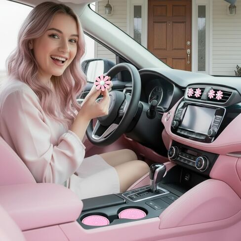 مجموعة إكسسوارات السيارة الوردية من Novabright، أغطية جذعية لصمام الإطارات من حجر الراين الوردي للسيارة، زهور الأقحوان، مشابك بفتحات تهوية للأكواب، ملحقات كريستالية لتزيين هدايا السيارات 12 قطعة in Kuwait