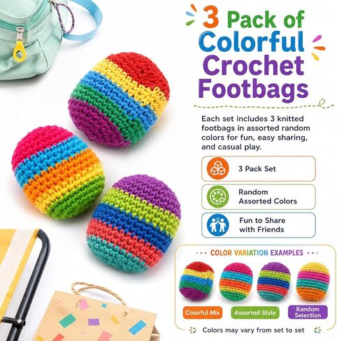 3 Pack Crochet Footbags, Random Colors Knitted Kick Sack Balls, 40g Plastic Pellet Filled Footbag Juggling Balls for Beginners, Teens & Adults, Outdoor Games & Party Favors in Saudi Arabia