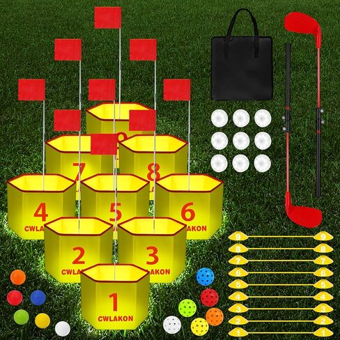 CWLAKON Backyard Golf Game with 2 Clubs & Light, Yard Golf Game Glow in The Dark 9 Holes with Balls, Outdoor Night Light up Yard Golf Chipping Game for Adults Kids, Field Day Family Reunion Party Game in Saudi Arabia