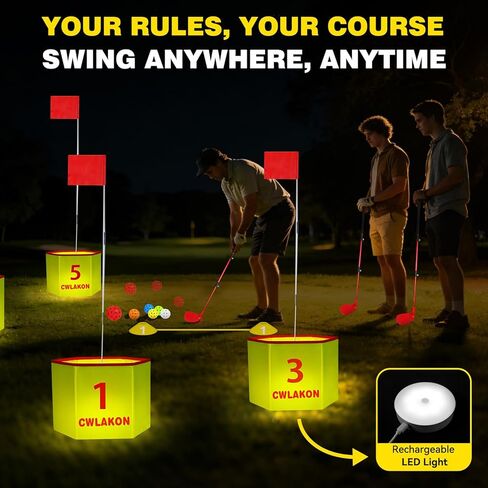 CWLAKON Backyard Golf Game with 2 Clubs & Light, Yard Golf Game Glow in The Dark 9 Holes with Balls, Outdoor Night Light up Yard Golf Chipping Game for Adults Kids, Field Day Family Reunion Party Game in Saudi Arabia