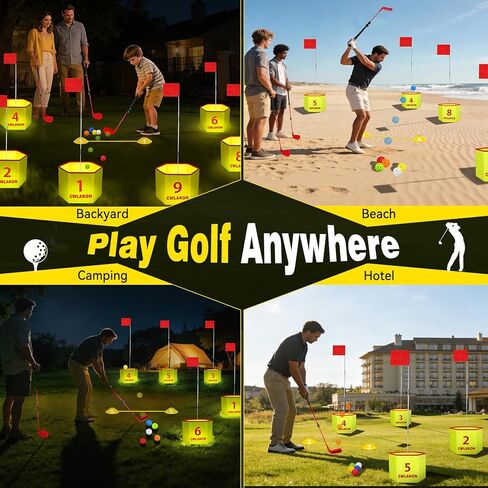 CWLAKON Backyard Golf Game with 2 Clubs & Light, Yard Golf Game Glow in The Dark 9 Holes with Balls, Outdoor Night Light up Yard Golf Chipping Game for Adults Kids, Field Day Family Reunion Party Game in Saudi Arabia