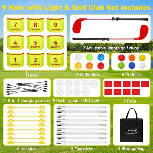 CWLAKON Backyard Golf Game with 2 Clubs & Light, Yard Golf Game Glow in The Dark 9 Holes with Balls, Outdoor Night Light up Yard Golf Chipping Game for Adults Kids, Field Day Family Reunion Party Game in Saudi Arabia