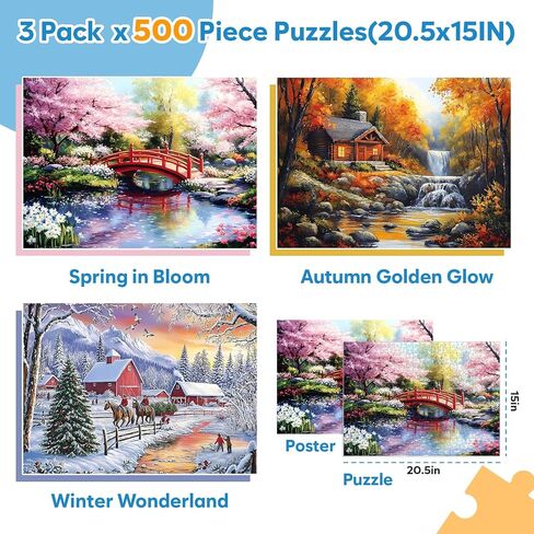 3 Pack 500 Pieces Puzzles for Adults, Spring Autumn Winter Puzzle for Adults Elderly, Colorful 4 Seasons Jigsaw Puzzle, Recycled Paper Puzzle 500 Pieces, Family Activity Game Nights Gifts 20.5x15 in in Kuwait