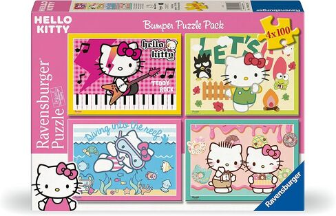 حزمة ألغاز Ravensburger Hello Kitty Bumper - 4 × 100 قطعة من ألغاز الصور المقطوعة مقاس XXL - موسيقى ملونة، في الهواء الطلق، مشاهد تحت الماء والحلوى - متينة وصديقة للعائلة - للأعمار من 5 سنوات فما فوق in Kuwait