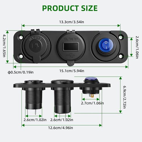 12V 3 in 1 Waterproof Cigarette Lighter Socket, Dual QC3.0 USB and PD3.0 Type‑C Fast Charger Ports, Digital Voltmeter and Switch for Car Marine Boat RV Truck ATV in Saudi Arabia