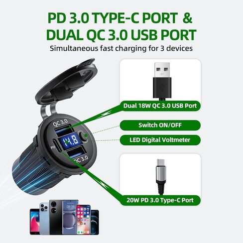 12V 3 in 1 Waterproof Cigarette Lighter Socket, Dual QC3.0 USB and PD3.0 Type‑C Fast Charger Ports, Digital Voltmeter and Switch for Car Marine Boat RV Truck ATV in Saudi Arabia