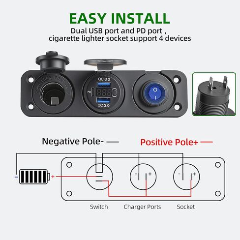 12V 3 in 1 Waterproof Cigarette Lighter Socket, Dual QC3.0 USB and PD3.0 Type‑C Fast Charger Ports, Digital Voltmeter and Switch for Car Marine Boat RV Truck ATV in Saudi Arabia