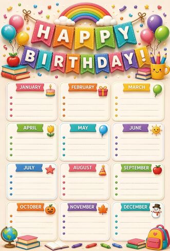 Happy Birthday Chart for Classroom – Reusable Laminated Birthday Bulletin Board Set for Preschool, Kindergarten & Elementary Classroom Decor, Teacher Supplies, Back to School Decor (Neon Rainbow) in Saudi Arabia