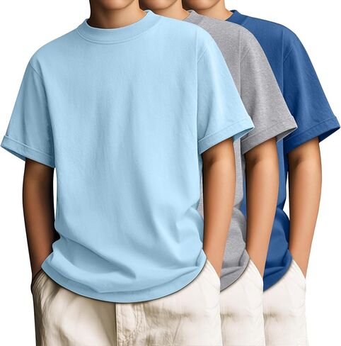 3 Pack Boys' T-Shirts Short Sleeve Crew Neck Kids Shirts Loose Fit Teen Basic Soft Plain Tees in Saudi Arabia