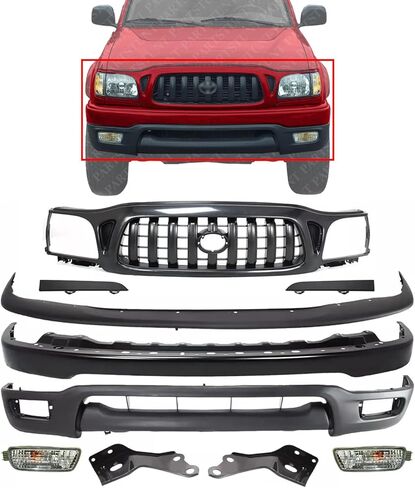 Front Bumper Steel + Grille + Upper + Fillers + Lower Valance Panel Primed + Brackets + Fog Lights Right Passenger and Left Driver Side Direct Replacement For 2001-2004 Toyota Tacoma in Saudi Arabia