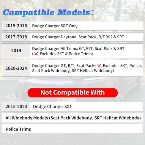 شبكة WildWell الأمامية السفلية لـ 2015-2024 دودج تشارجر SRT Hellcat Scat Pack GT R/T Daytona، نماذج الشواية الأمامية غير العريضة تحل محل OE 68417504AA/ 68214869AB/ CH1036137 in Kuwait