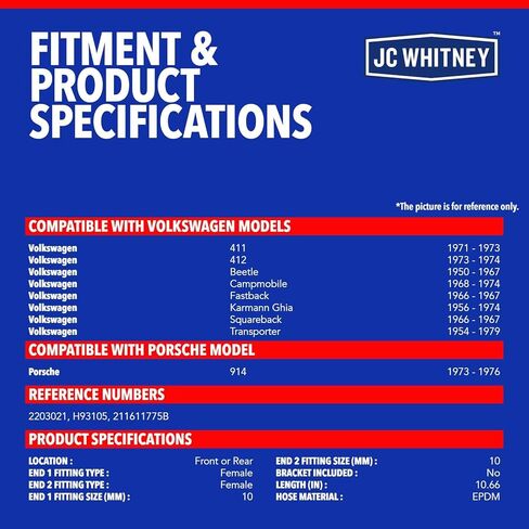 JC Whitney JFBAJCWBHH00394 Brake Hydraulic Hose - Compatible with Volkswagen Beetle 50-67, 411 71-73, 412 73-74, Campmobile 68-74, Fastback 66-67, Karmann Ghia 56-74, Porsche 914 73-76 in Kuwait