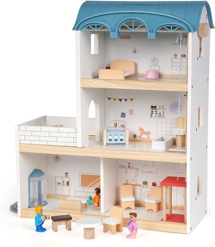 Wooden Dollhouse for Kids, 3-Story Wood Doll House Playset with Furniture, Accessories & 3 Toy Figures, DIY Pretend Play House for Toddlers, Girls & Boys, Miniature Dollhouse with Balcony Gift in Saudi Arabia