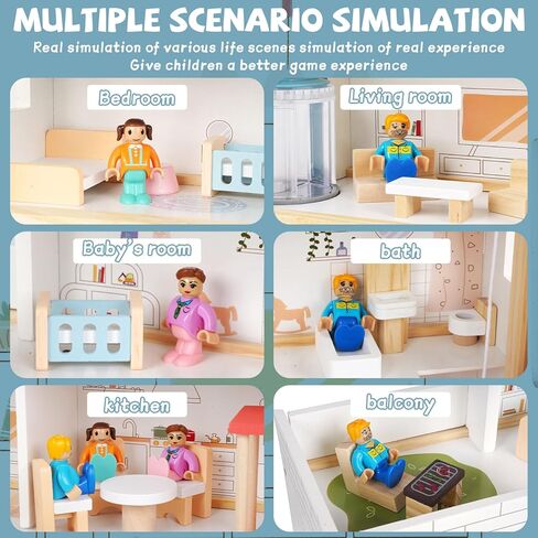 Wooden Dollhouse for Kids, 3-Story Wood Doll House Playset with Furniture, Accessories & 3 Toy Figures, DIY Pretend Play House for Toddlers, Girls & Boys, Miniature Dollhouse with Balcony Gift in Saudi Arabia