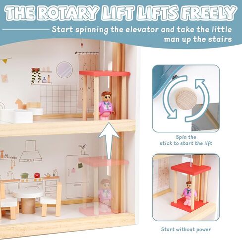 Wooden Dollhouse for Kids, 3-Story Wood Doll House Playset with Furniture, Accessories & 3 Toy Figures, DIY Pretend Play House for Toddlers, Girls & Boys, Miniature Dollhouse with Balcony Gift in Saudi Arabia