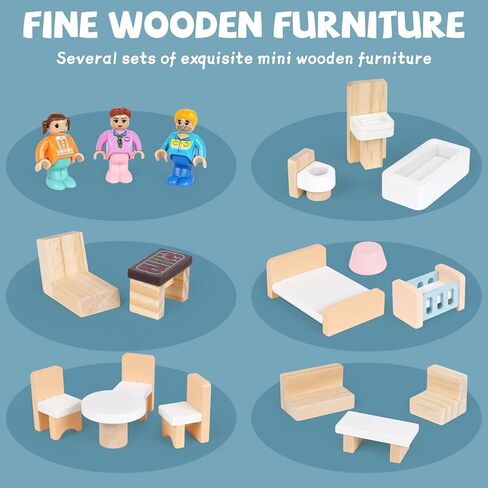 Wooden Dollhouse for Kids, 3-Story Wood Doll House Playset with Furniture, Accessories & 3 Toy Figures, DIY Pretend Play House for Toddlers, Girls & Boys, Miniature Dollhouse with Balcony Gift in Saudi Arabia