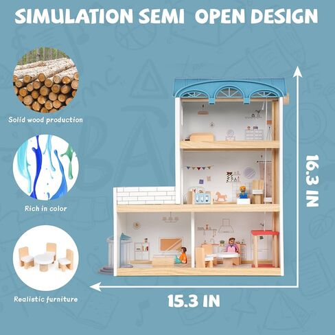 Wooden Dollhouse for Kids, 3-Story Wood Doll House Playset with Furniture, Accessories & 3 Toy Figures, DIY Pretend Play House for Toddlers, Girls & Boys, Miniature Dollhouse with Balcony Gift in Saudi Arabia