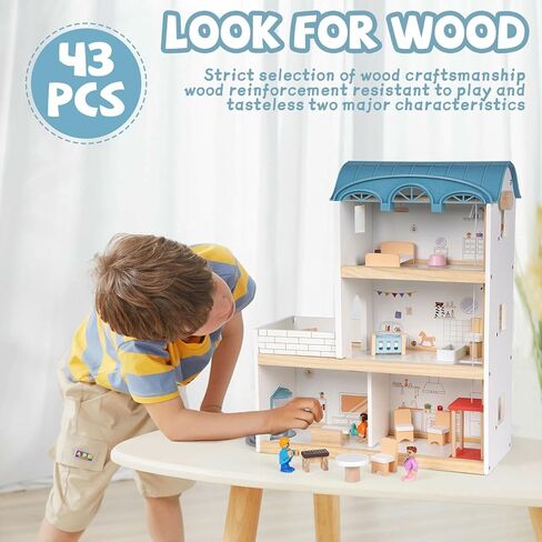 Wooden Dollhouse for Kids, 3-Story Wood Doll House Playset with Furniture, Accessories & 3 Toy Figures, DIY Pretend Play House for Toddlers, Girls & Boys, Miniature Dollhouse with Balcony Gift in Saudi Arabia