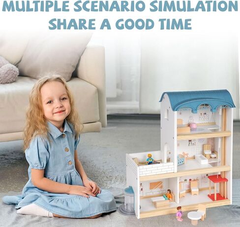 Wooden Dollhouse for Kids, 3-Story Wood Doll House Playset with Furniture, Accessories & 3 Toy Figures, DIY Pretend Play House for Toddlers, Girls & Boys, Miniature Dollhouse with Balcony Gift in Saudi Arabia
