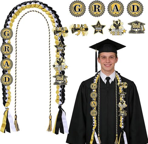 Graduation Leis and Honor Cords - Class of 2026 Graduation Ribbon Lei with Candy Lei Tubing Ribbons Pins Stickers Braided Necklace for Congrats School Grad Gift Party Supplies（Green Gold） in Saudi Arabia