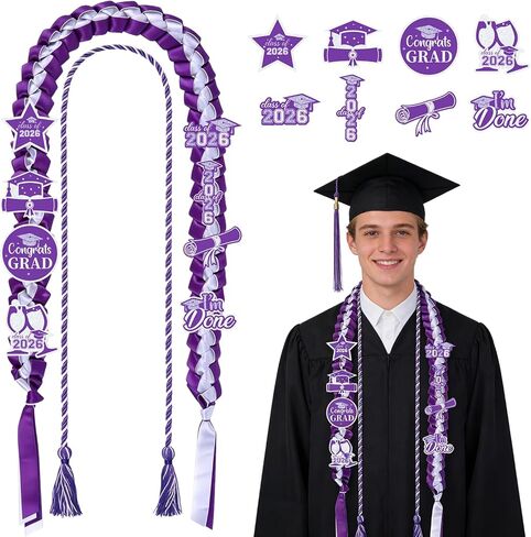 Graduation Leis and Honor Cords - Class of 2026 Graduation Ribbon Lei with Candy Lei Tubing Ribbons Pins Stickers Braided Necklace for Congrats School Grad Gift Party Supplies（Green Gold） in Saudi Arabia