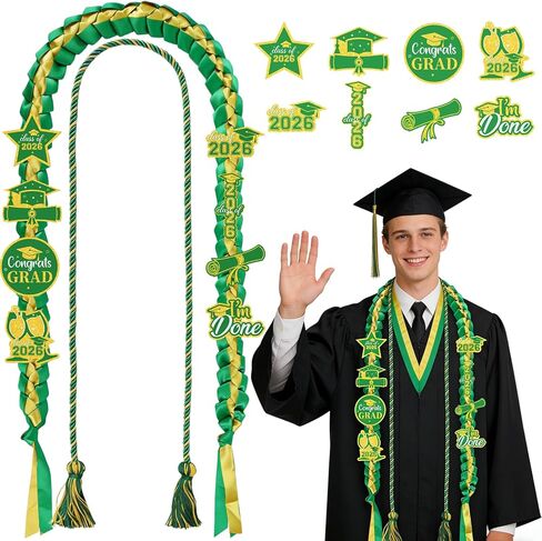 Graduation Leis and Honor Cords - Class of 2026 Graduation Ribbon Lei with Candy Lei Tubing Ribbons Pins Stickers Braided Necklace for Congrats School Grad Gift Party Supplies（Green Gold） in Saudi Arabia