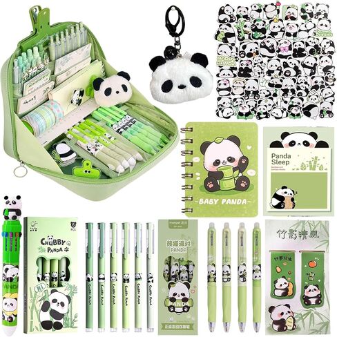 Cute Panda Pencil Case With 12 Compartments-Gift Set Includes Ball-Point Pen, Plush Keychain, Panda Stickers, Bookmark, Notebook and Sticky notec in Saudi Arabia