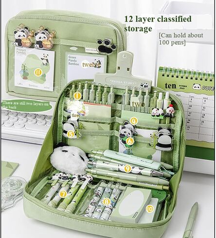 Cute Panda Pencil Case With 12 Compartments-Gift Set Includes Ball-Point Pen, Plush Keychain, Panda Stickers, Bookmark, Notebook and Sticky notec in Saudi Arabia