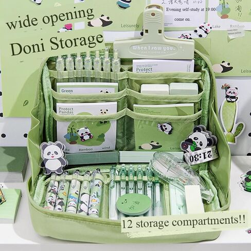 Cute Panda Pencil Case With 12 Compartments-Gift Set Includes Ball-Point Pen, Plush Keychain, Panda Stickers, Bookmark, Notebook and Sticky notec in Saudi Arabia