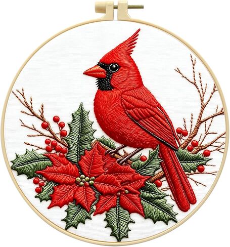 مجموعة تطريز Zhenqing Red Bird للمبتدئين، قماش قطني مطبوع مسبقًا مقاس 29x29 سم مع طوق 20 سم، تصميم هولي وتوت شتوي نابض بالحياة (C0202) in Kuwait