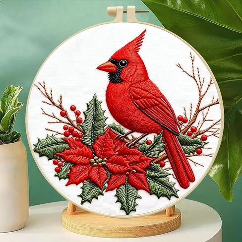 مجموعة تطريز Zhenqing Red Bird للمبتدئين، قماش قطني مطبوع مسبقًا مقاس 29x29 سم مع طوق 20 سم، تصميم هولي وتوت شتوي نابض بالحياة (C0202) in Kuwait