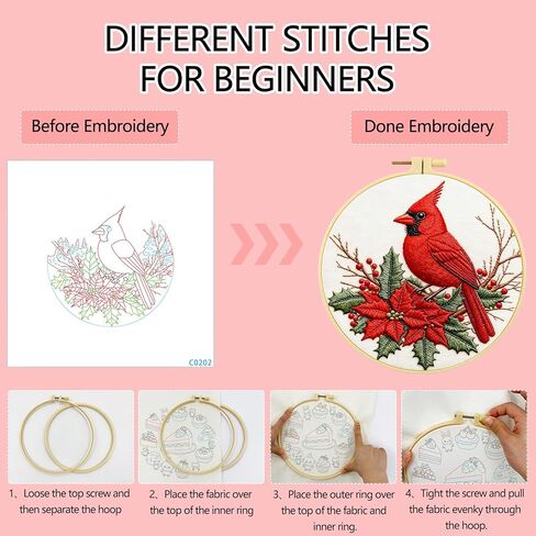 مجموعة تطريز Zhenqing Red Bird للمبتدئين، قماش قطني مطبوع مسبقًا مقاس 29x29 سم مع طوق 20 سم، تصميم هولي وتوت شتوي نابض بالحياة (C0202) in Kuwait