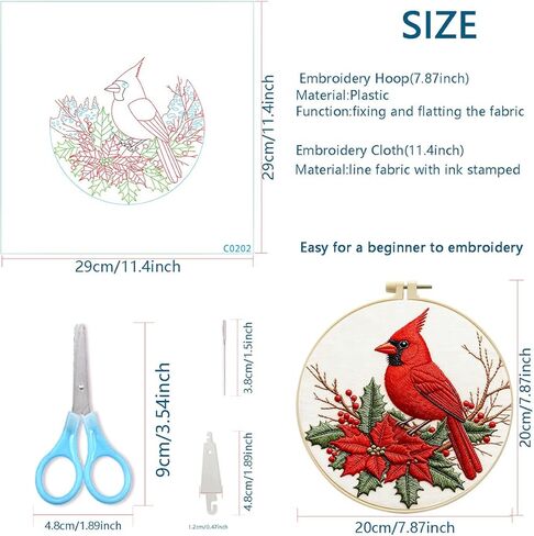 مجموعة تطريز Zhenqing Red Bird للمبتدئين، قماش قطني مطبوع مسبقًا مقاس 29x29 سم مع طوق 20 سم، تصميم هولي وتوت شتوي نابض بالحياة (C0202) in Kuwait