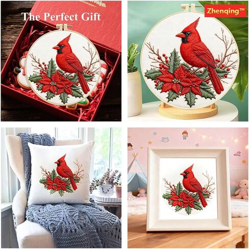 مجموعة تطريز Zhenqing Red Bird للمبتدئين، قماش قطني مطبوع مسبقًا مقاس 29x29 سم مع طوق 20 سم، تصميم هولي وتوت شتوي نابض بالحياة (C0202) in Kuwait