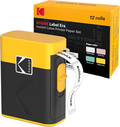 آلة صنع الملصقات KODAK + حزمة عبوات مكونة من 12 عبوة، طابعة ملصقات ذات شفرات آمنة للمكتب والمدرسة والمنزل، أصفر in Kuwait