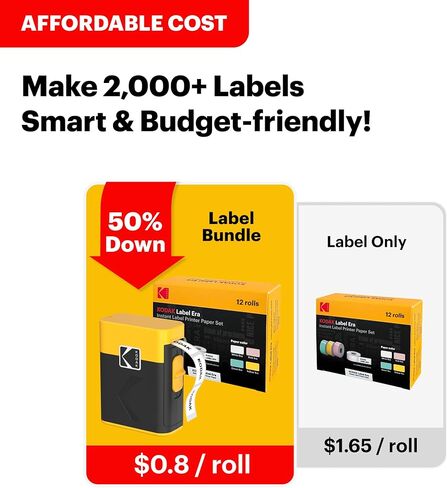 آلة صنع الملصقات KODAK + حزمة عبوات مكونة من 12 عبوة، طابعة ملصقات ذات شفرات آمنة للمكتب والمدرسة والمنزل، أصفر in Kuwait