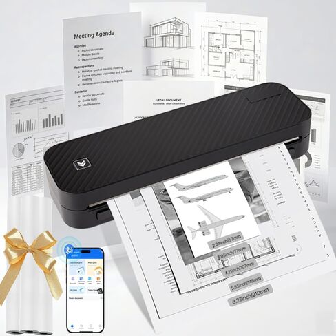 Portable Printer for Travel Bluetooth,Inkless Thermal Travel Printer,Supports US Letter & A4 & A5 & A6 & A7 & Receipt paper,Compatible with Phone & Laptop and Tablet,with 3 thermal paper rolls.(Black) in Saudi Arabia