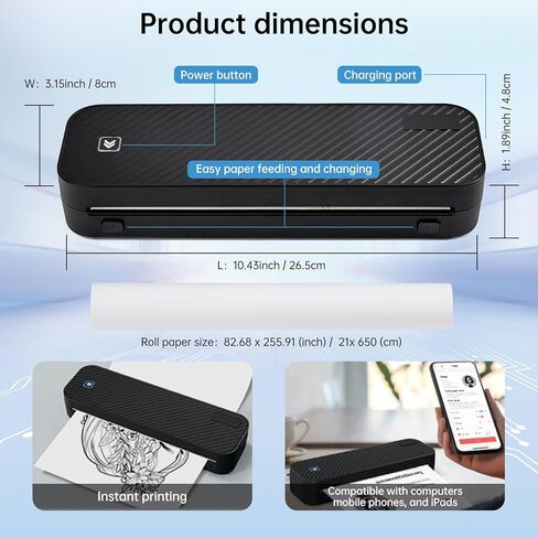 Portable Printer for Travel Bluetooth,Inkless Thermal Travel Printer,Supports US Letter & A4 & A5 & A6 & A7 & Receipt paper,Compatible with Phone & Laptop and Tablet,with 3 thermal paper rolls.(Black) in Saudi Arabia