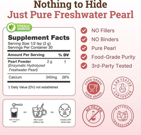Pearl Powder Supplement for Skin Health - Anti-Aging, Antioxidant & Collagen Production - Healthy Eyes, Hair and Nails, Supports Immunity, Mood and Sleep - With Calcium and Amino Acids 120g in Saudi Arabia