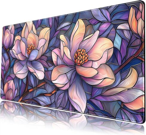Floral Magnolia Desk Mat Purple Pink Flower Desk Pad Aesthetic Faux Stained Glass Large Mouse Pad 31.5''X15.7'' Extended Gaming Mousepad XXL Keyboard Mouse Mat Cottagecore Office Decor in Saudi Arabia