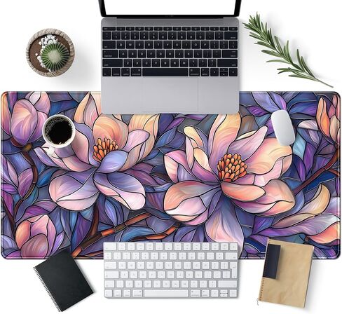 Floral Magnolia Desk Mat Purple Pink Flower Desk Pad Aesthetic Faux Stained Glass Large Mouse Pad 31.5''X15.7'' Extended Gaming Mousepad XXL Keyboard Mouse Mat Cottagecore Office Decor in Saudi Arabia