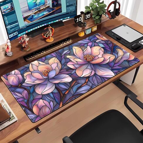 Floral Magnolia Desk Mat Purple Pink Flower Desk Pad Aesthetic Faux Stained Glass Large Mouse Pad 31.5''X15.7'' Extended Gaming Mousepad XXL Keyboard Mouse Mat Cottagecore Office Decor in Saudi Arabia