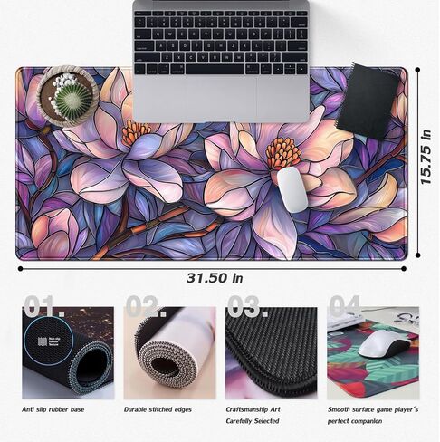 Floral Magnolia Desk Mat Purple Pink Flower Desk Pad Aesthetic Faux Stained Glass Large Mouse Pad 31.5''X15.7'' Extended Gaming Mousepad XXL Keyboard Mouse Mat Cottagecore Office Decor in Saudi Arabia