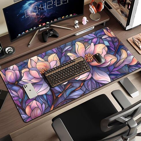 Floral Magnolia Desk Mat Purple Pink Flower Desk Pad Aesthetic Faux Stained Glass Large Mouse Pad 31.5''X15.7'' Extended Gaming Mousepad XXL Keyboard Mouse Mat Cottagecore Office Decor in Saudi Arabia