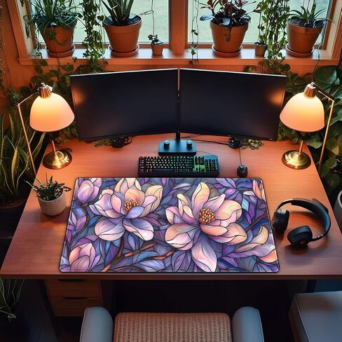 Floral Magnolia Desk Mat Purple Pink Flower Desk Pad Aesthetic Faux Stained Glass Large Mouse Pad 31.5''X15.7'' Extended Gaming Mousepad XXL Keyboard Mouse Mat Cottagecore Office Decor in Saudi Arabia